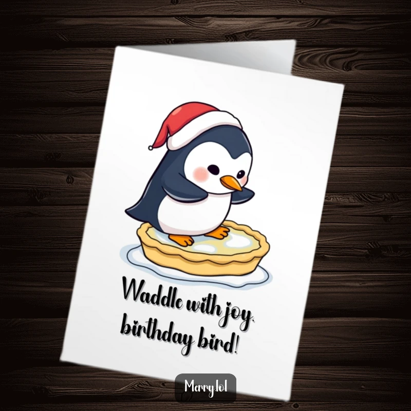 Funny Free Printable Birthday Card: A penguin wearing Santa hat clumsily ice skating on a frozen pie, aiming for fun.