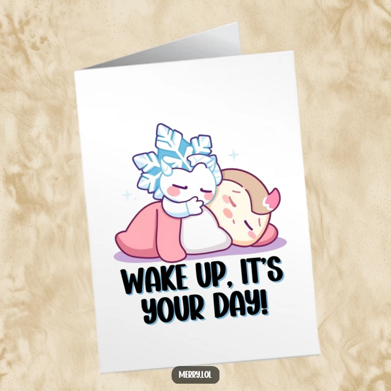 Funny Free Printable Birthday Card: A mischievous snowflake tickling a peacefully sleeping character awake.