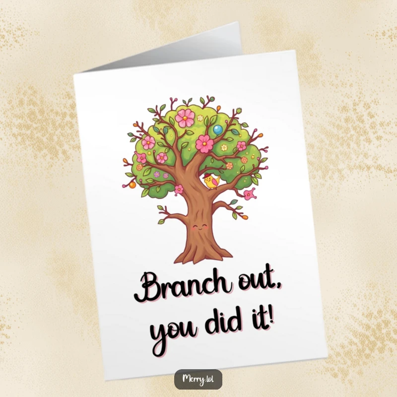 Funny Free Printable Congratulations Card: Decorated tree character wiggling its branches. A unique, downloadable congratulatory message.