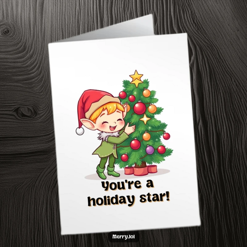 Funny Free Printable Congratulations Card: A cute elf character gleefully adding sparkle to a Christmas tree, celebrating success.