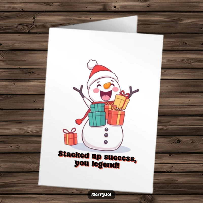 Funny free printable congrats card featuring an excited snowman with too many gifts stacked high, ready for a comical fall.