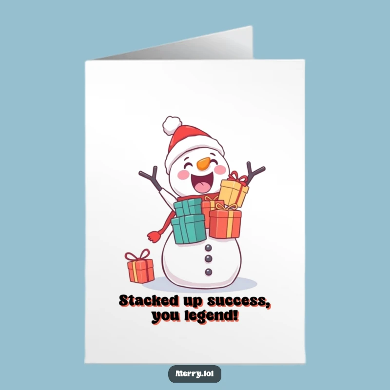 Free Printable Congrats Card: Funny Snowman Stacking Gifts, Hilarious Downloadable Surprise!