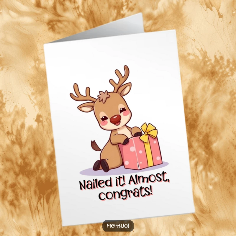Free Printable Congratulations Card: Amusing reindeer with sparkly antlers hilariously stumbling over a present.
