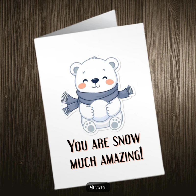 Funny Free Printable Congrats Card: A smiling polar bear with a snowball, celebrating a great accomplishment.