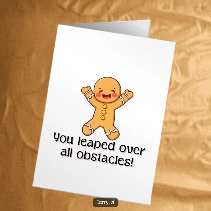 Funny Free Printable Congratulations Card: Gingerbread man in a joyful leap, expressing excitement. A perfect downloadable congratulatory message.