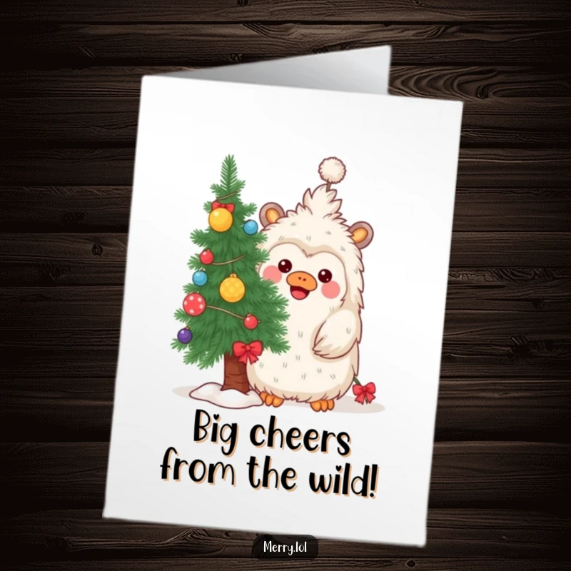 Funny free printable congrats card showing a mischievous yeti peeking from behind a decorated Christmas tree, ready to pop out.