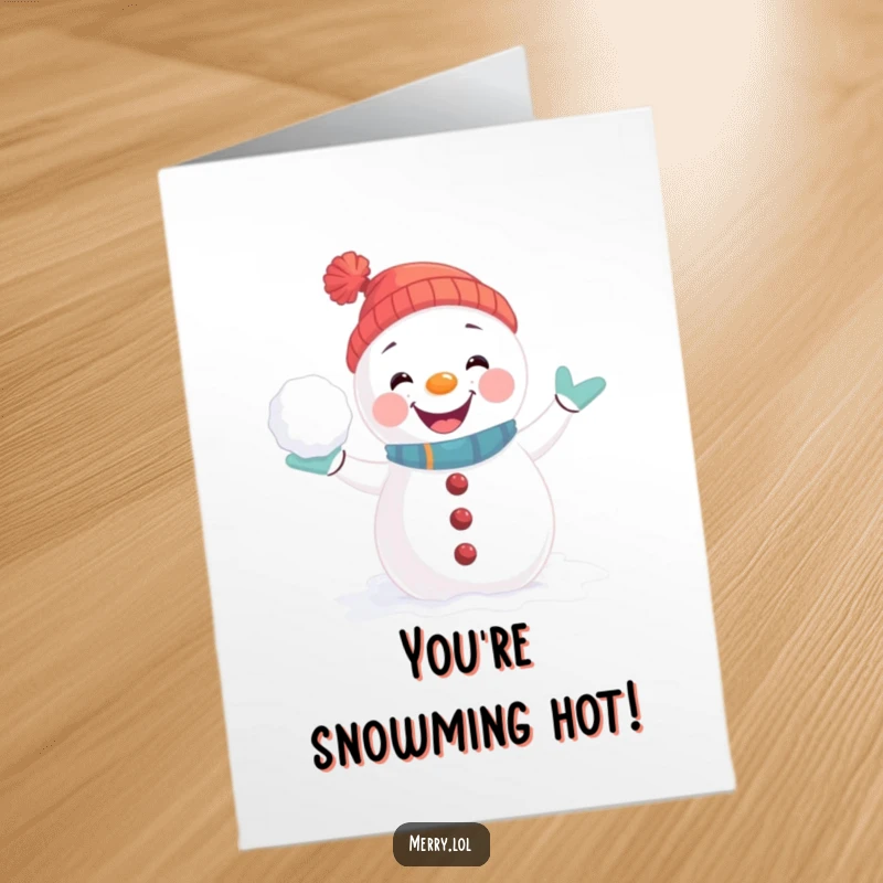 Funny Free Printable Congratulations Card: A playful snowman character in a joyful snowball fight pose, celebrating victory.