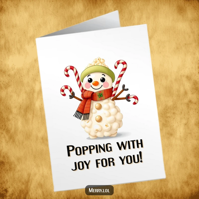 Free Printable Congratulations Card: Popcorn snowman in scarf, juggling candy canes, festive celebration, humorous, downloadable.