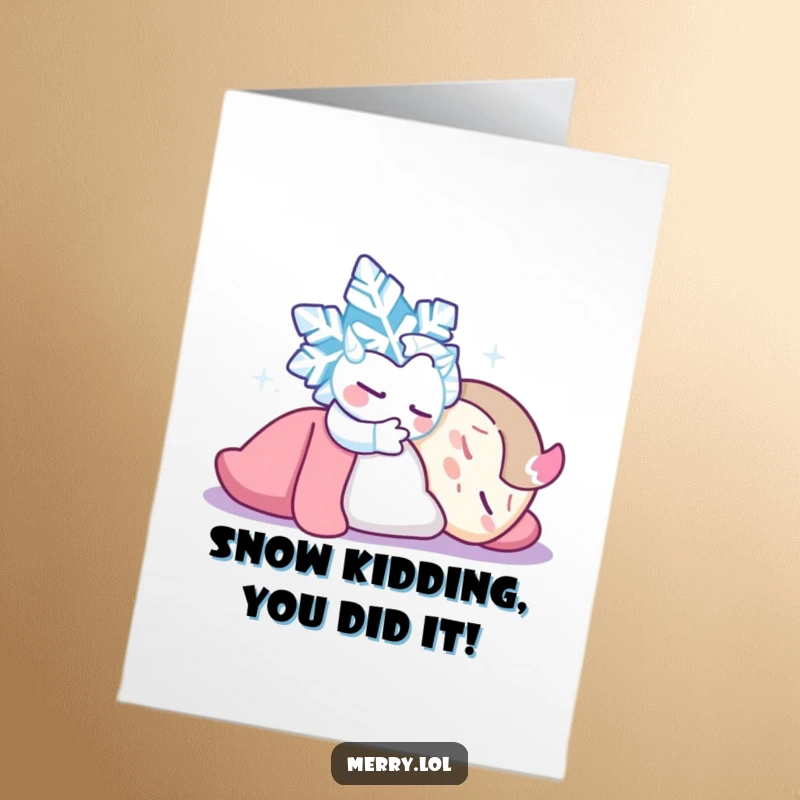 Funny Free Printable Congratulations Card: A mischievous snowflake playfully tickling a surprised sleeping character.