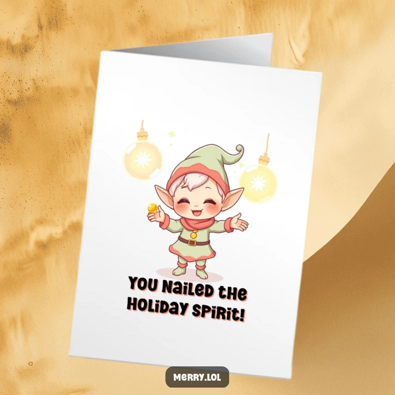 Funny Free Printable Congratulations Card: A giggling elf expertly juggles glowing ornaments, marking a special occasion.
