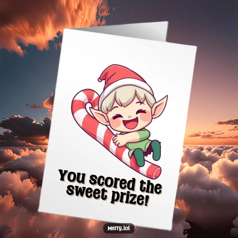 Free Printable Congratulations Card: Cute Elf Character Sliding Down a Candy Cane with a Wide Grin, Celebrating Sweetly