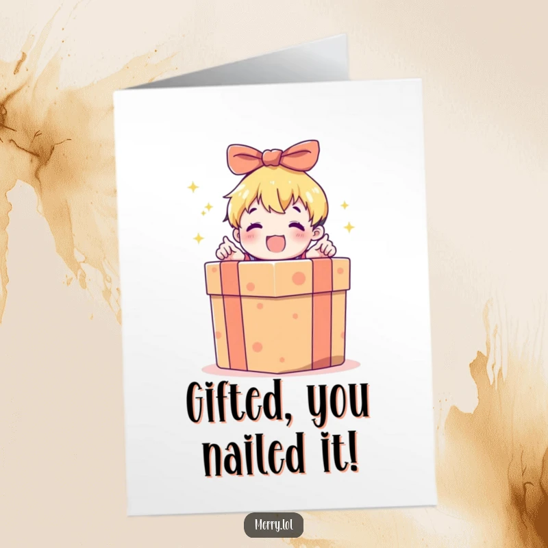 Free Printable Congratulations Card, a child character excitedly opening a large gift box. Celebrating your wonderful news with pure joy.
