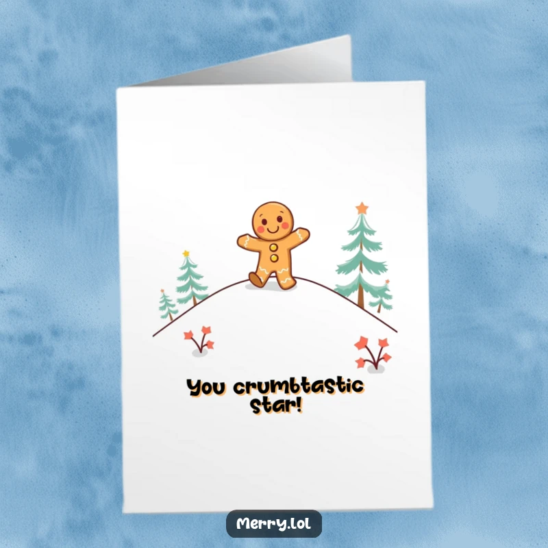 Free Printable Congratulations Card: A happy gingerbread man is dancing a jig atop a snowy hill, celebrating success.