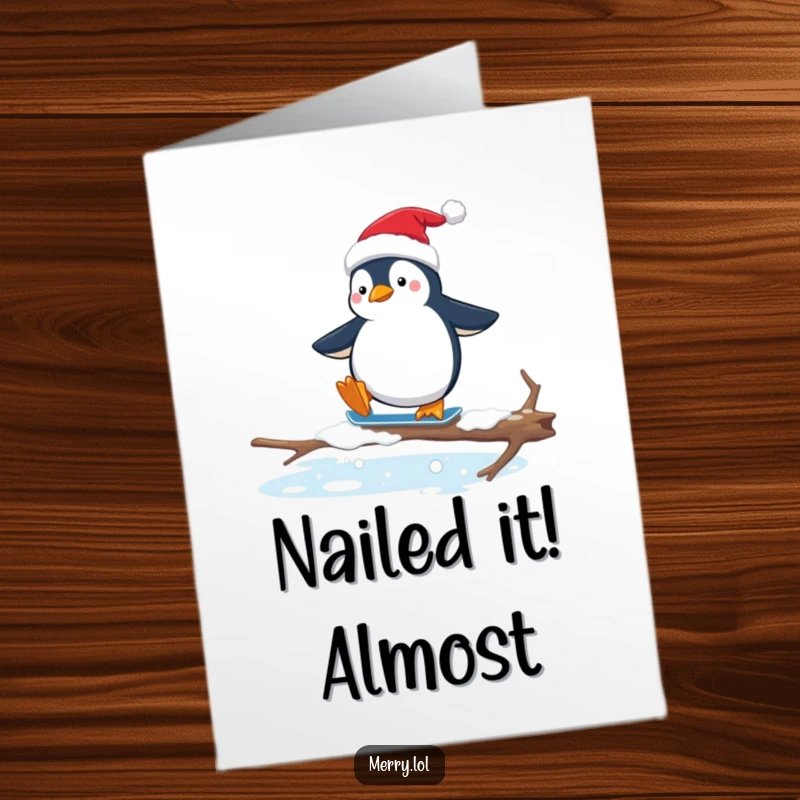 Funny Free Printable Congratulations Card: Penguin in Santa hat attempting to ice skate, looking surprised and wobbly.