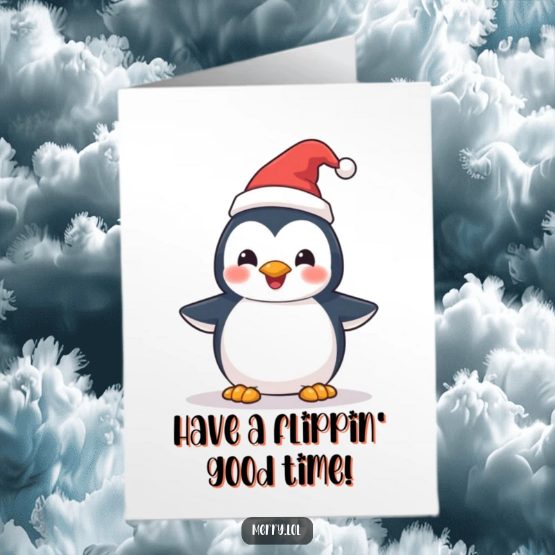 Funny Free Printable Penguin Congratulation Card: A delighted penguin in a Santa hat, celebrating your success.
