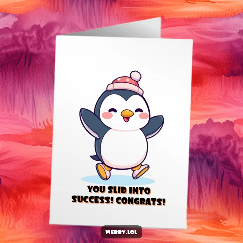 Free Printable Congratulations Card: A happy penguin on ice skates with a small hat cheers loudly.