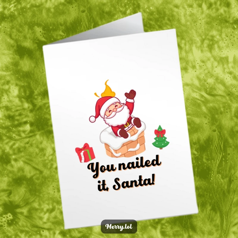 Free Printable Congratulations Card: Santa winks while sliding down a chimney, celebrating a joyous occasion with humor.