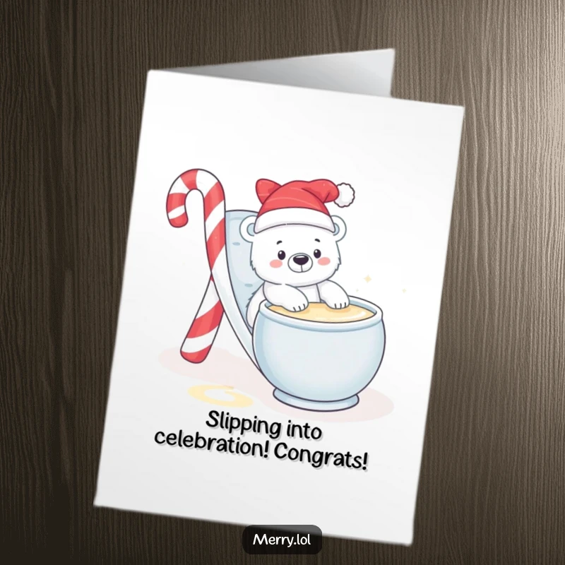 Free Printable Congratulations Card: Baby polar bear on candy cane slide, eggnog bowl, fun celebration, humorous, downloadable.