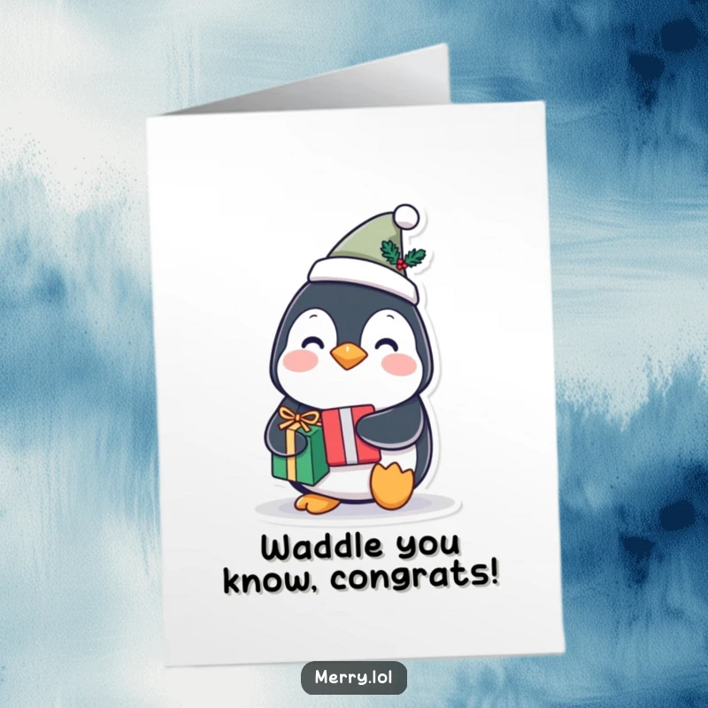 Free Printable Congratulations Card: Joyeux Penguin Character Wearing a Tiny Festive Hat and Holding a Gift, Celebrating Your Success