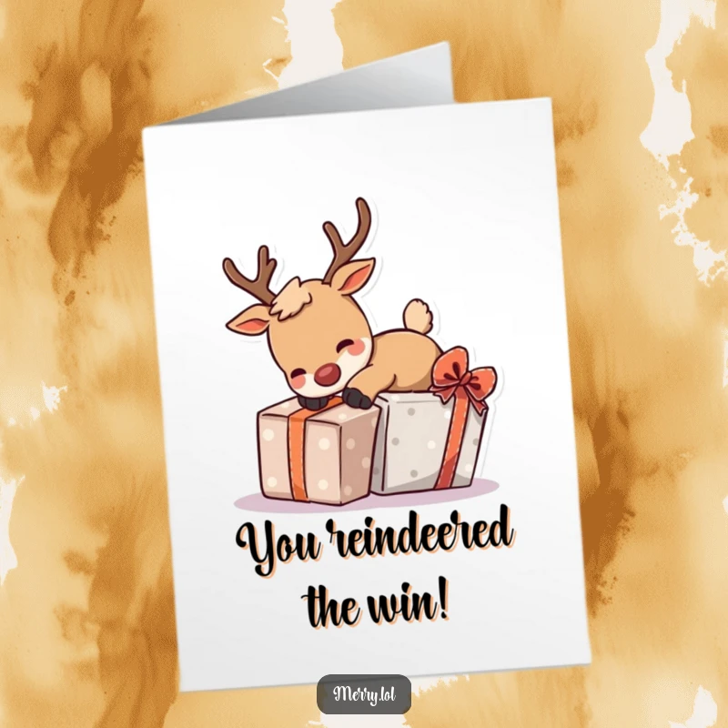 Funny free printable congratulations card of a reindeer character playfully tripping over a gift, celebrating a win with a humorous twist.