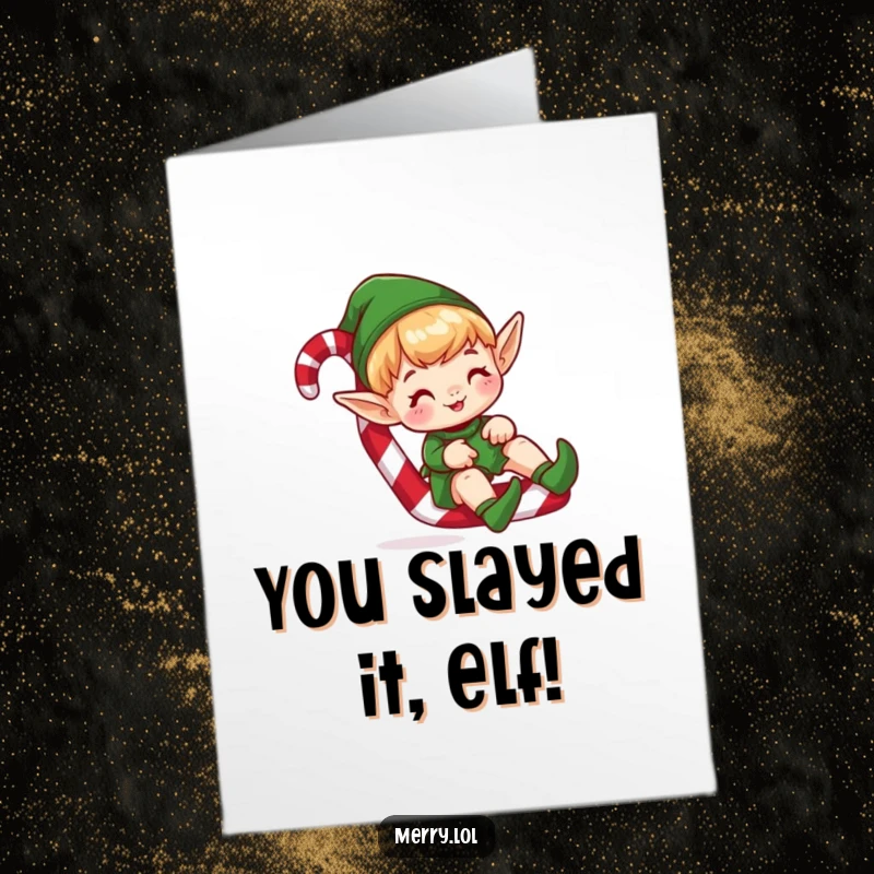 Funny free printable congratulations card of a cute elf character gleefully sliding down a candy cane, celebrating a sweet victory.