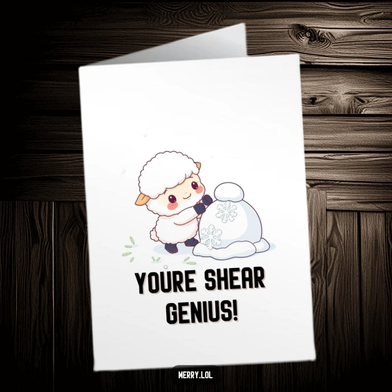 Funny Free Printable Congratulations Card: Sheep character struggling humorously to stack huge snowflakes for a snowman.