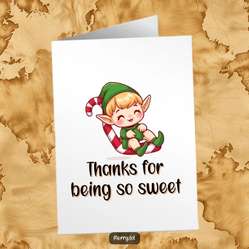 Funny free printable thank you card of a cute elf character sliding down a candy cane, conveying thanks with playful sweetness.