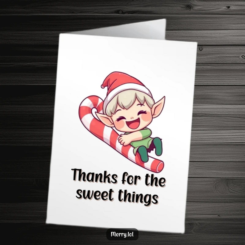 Funny Free Printable Thank You Card: Cute Elf Character Sliding Down a Candy Cane with a Wide Grin, Sweetly Thankful