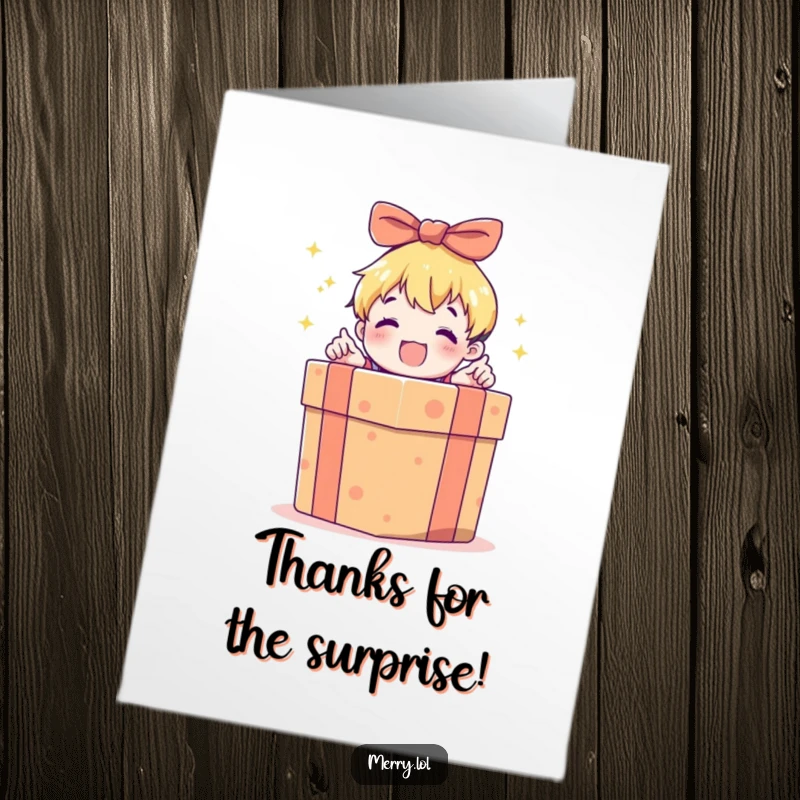 Funny Free Printable Thank You Card, a child character excitedly opening a bright gift box. A sweet and cheerful thank you.