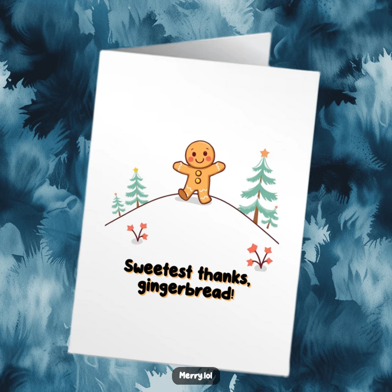 Free Printable Thank You Card: A happy gingerbread man performs a joyful jig on a snowy hill, saying thanks.