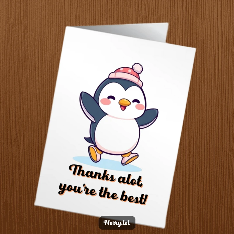 Free Printable Thank You Card: A joyful penguin ice skating with a tiny hat offers thanks.