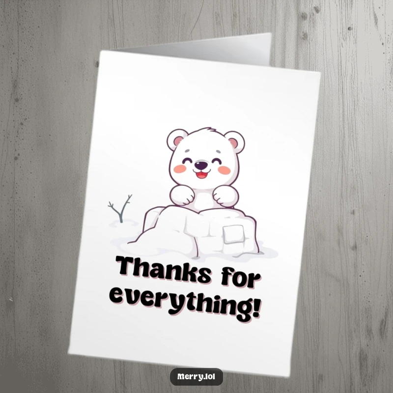 Funny Free Printable Polar Bear Thank You Card, a cute character building a snow fort. A thoughtful and cheerful thank you.