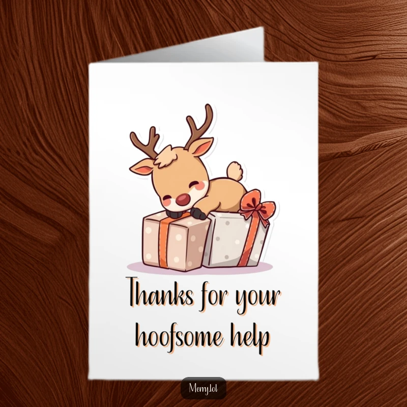 Funny free printable thank you card of a reindeer character playfully tripping over a gift, conveying thanks with a lighthearted spirit.