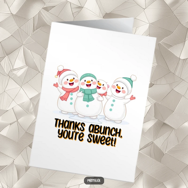 Free Printable Thank You Card: Happy snowmen characters linked hands sing a thankful tune.