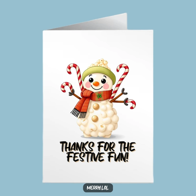 Free Printable Thank You Card: Charming Popcorn Snowman, Juggling Candy Canes Downloadable Gift!