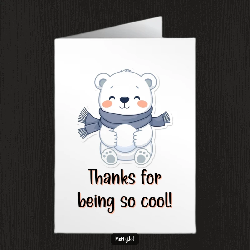 Funny Free Printable Thank You Card: A happy polar bear in a scarf, offering a snowball of thanks.