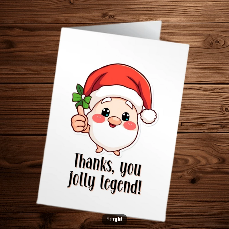 Funny free printable thank you card of a happy Santa hat character giving a hearty thumbs up, spreading good vibes.