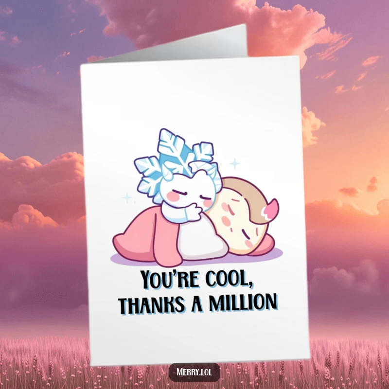 Funny Free Printable Thank You Card: A giggling snowflake tickling a snoozing character, spreading thanks.