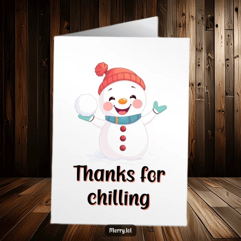 Funny Free Printable Thank You Card: Playful snowman character posing for a joyful snowball fight, a fun way to say thanks.
