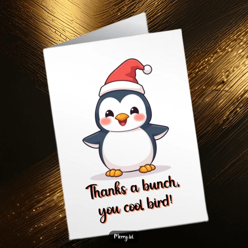 Funny Free Printable Penguin Thank You Card: A delighted penguin in a Santa hat, expressing thanks with glee.