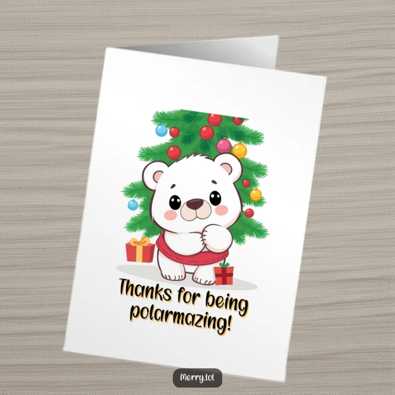 Funny Free Printable Thank You Card: A surprised polar bear peeks playfully, expressing gratitude with a warm smile.