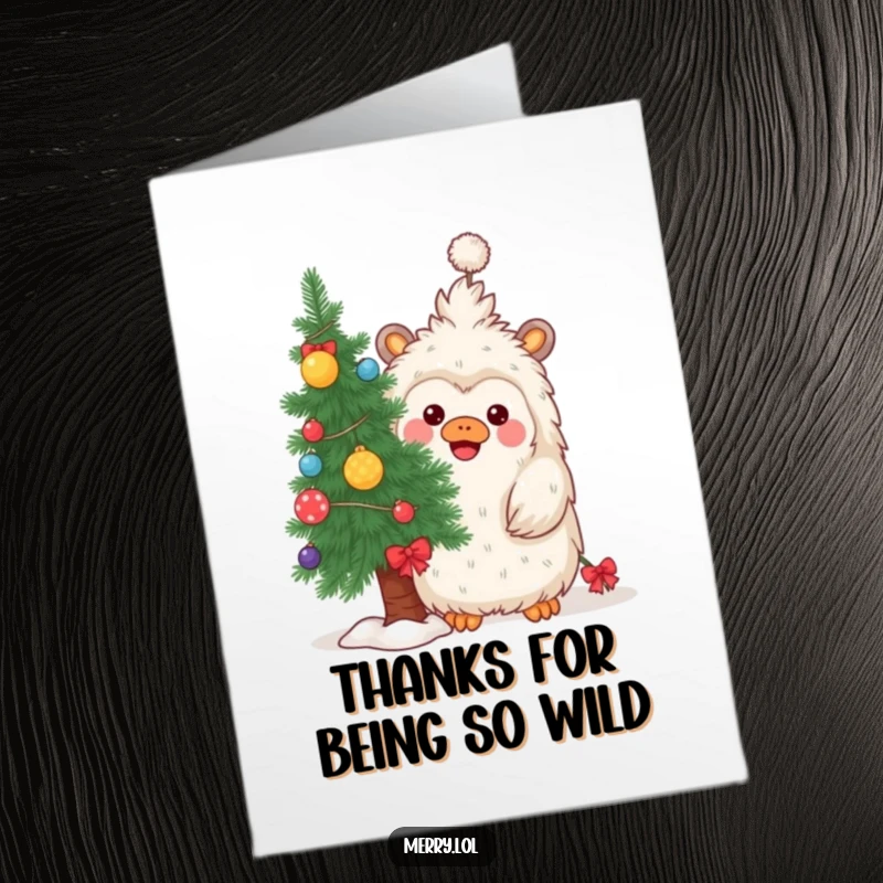 Funny free printable thank you card of a shy yeti peeking out from the branches of a decorated evergreen tree.