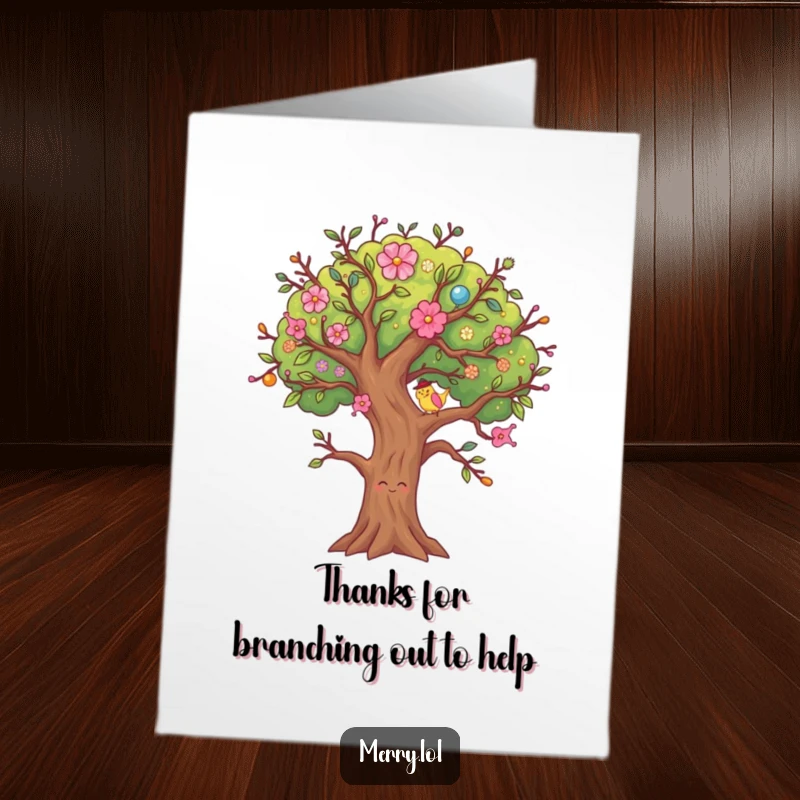 Funny Free Printable Thank You Card: Decorated tree character wiggling its branches. A charming, downloadable thank you note.