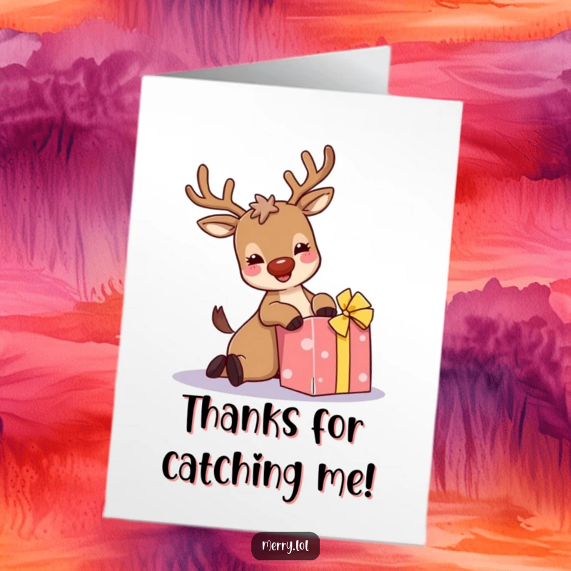Funny Free Printable Thank You Card: A giggling reindeer with sparkly antlers takes a tumble over a gift.