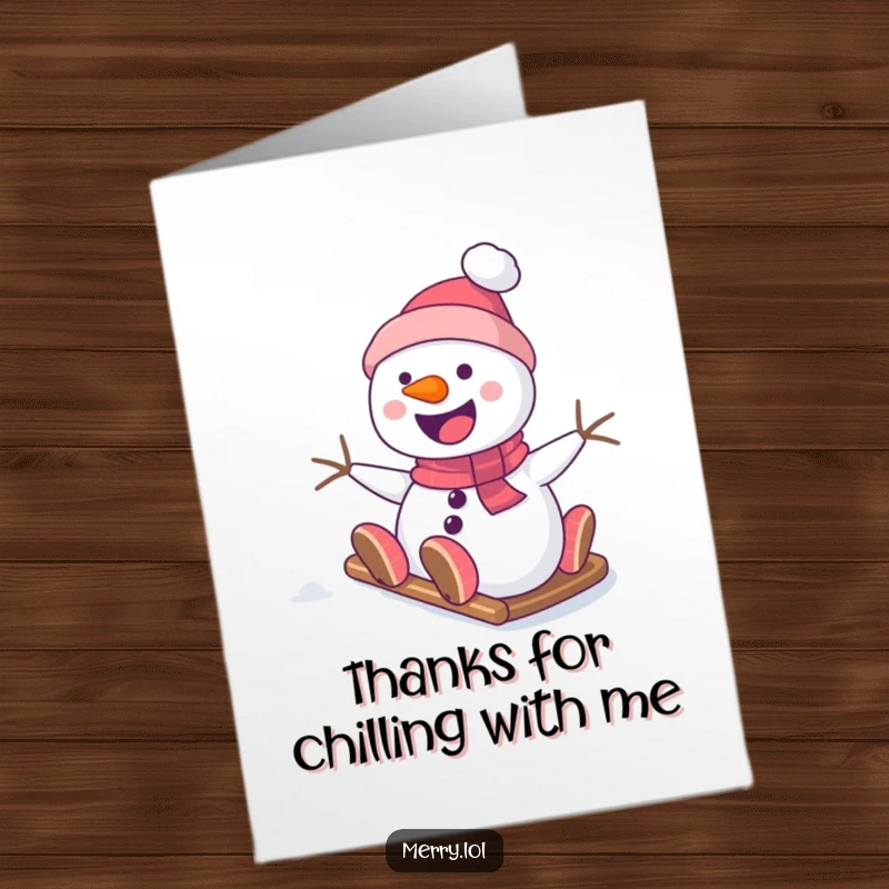 Funny Free Printable Thank You Card: A smiling snowman glides down a snowy slope, sending cheerful thanks.