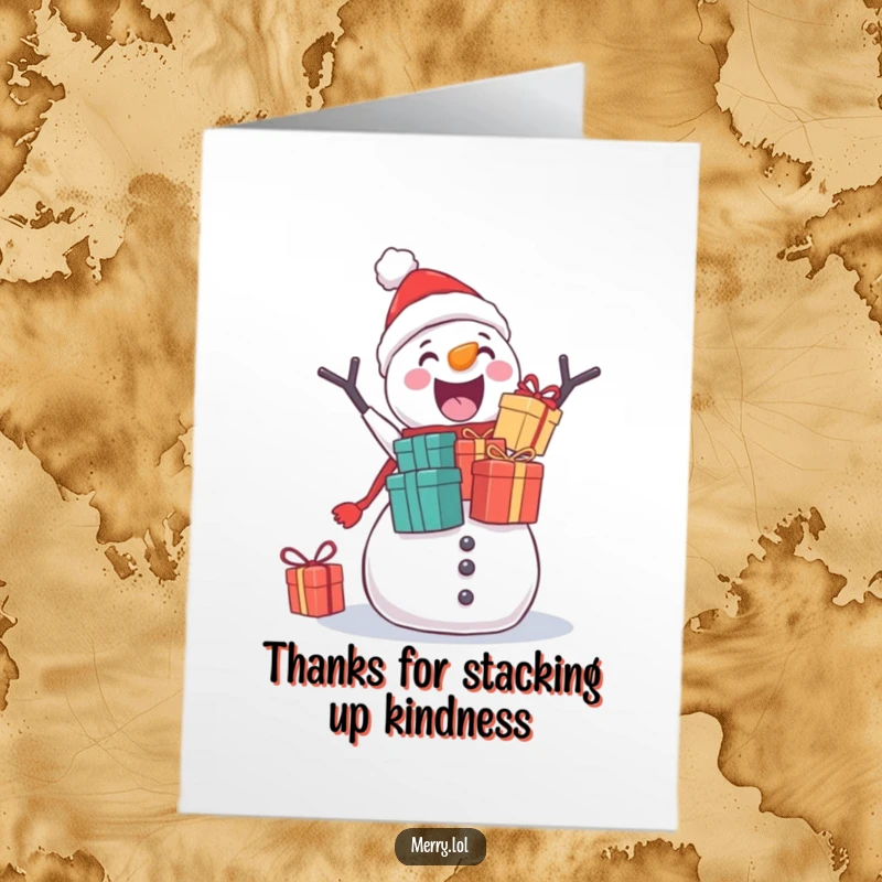 Funny free printable thank you card of a cheerful snowman overloaded with gifts, creating a comical balancing act.