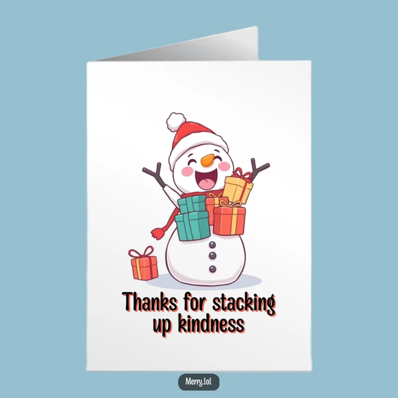 Free Printable Thank You Card: Funny Snowman Stacking Gifts, Humorous Downloadable Gratitude!