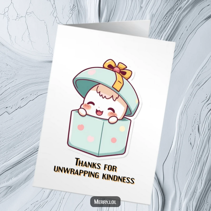 Funny Free Printable Thank You Card: A happy present character popping its lid open to share gratitude.