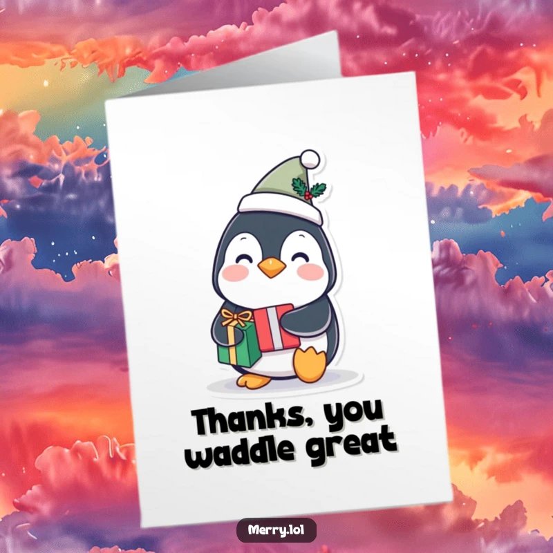 Funny Free Printable Thank You Card: Joyeux Penguin Character Wearing a Tiny Festive Hat and Holding a Gift, Graciously Thankful