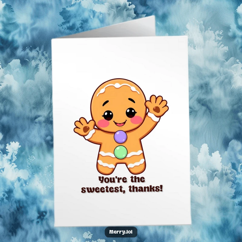 Free Printable Thank You Card: A smiling gingerbread man with a candy button waves hello.